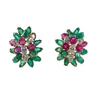 14k Gold Diamond Ruby Emerald Cocktail Earrings