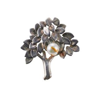 Tiffany &amp; Co Vintage Pearl Silver Tree Brooch Pin 