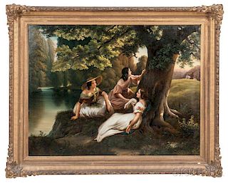 Abraham Cooper (British, 1787-1868)      Confidences Shared on a Shady River Bank