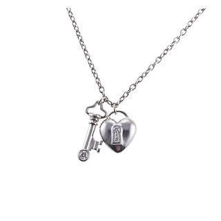 Tiffany &amp; Co Platinum Diamond Heart Key Pendant Necklace 