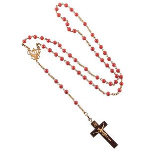 Antique 18K Gold Coral Rosary Bead Necklace