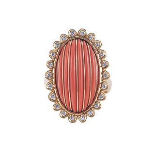 18k Gold Diamond Carved Coral Ring 
