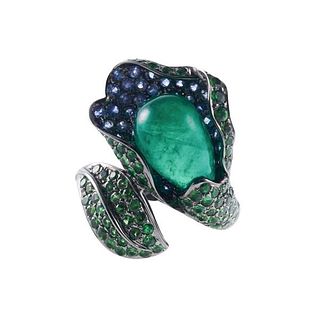 18k Gold Emerald Sapphire Flower Ring