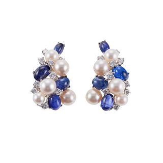 Platinum Diamond Sapphire Pearl Cocktail Earrings