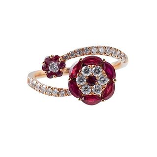18k Gold Diamond Ruby Flower Bypass Ring