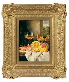 Attributed to Edward Ladell (British, 1821-1886)      Still Life with Prawns, Fruit, and Wine