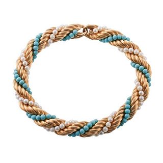 1960 18k Gold Turquoise Pearl Twist Bracelet