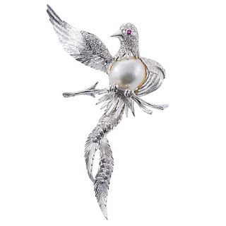 14k Gold Pearl Diamond Ruby Bird Brooch Pin