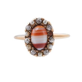 Antique 18k Gold Agate Pearl Diamond Ring