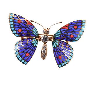 18k Gold Diamond Plique a Jour Enamel Butterfly Brooch