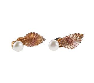 18k Gold Pearl Carved Tourmaline Leaf Motif Earrings