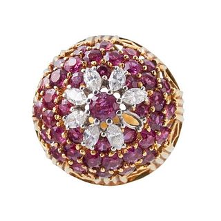 18k Gold Diamond Ruby Dome Ring