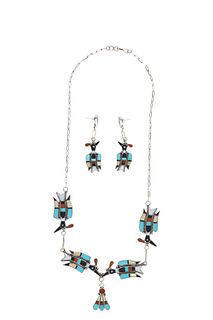 Zuni Multistone Inlay Mosaic Necklace & Earrings
