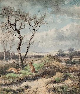 Johann Mari Henri ten Kate (Dutch, 1831-1910)      November Day  /Landscape with Rabbits and Hunter in the Distance