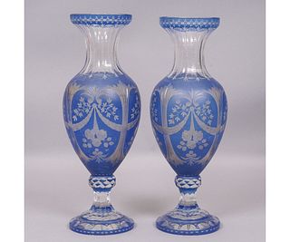 PAIR OF BLUE ETCHED GLASS VASES