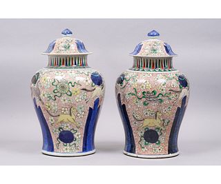 PAIR CHINESE PORCELAIN TEMPLE URNS