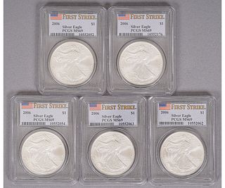 FIVE SILVER EAGLE LIBERTY ONE DOLLAR COINS