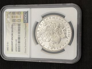 1882 O BU Morgan Silver Dollar NGC Great Southern Treasury Hoard