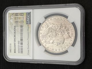 1882 O BU Morgan Silver Dollar NGC Great Southern Treasury Hoard
