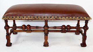 Mahogany backless leather bench