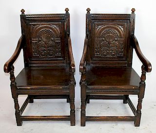 Pair Jacobean carved oak armchairs