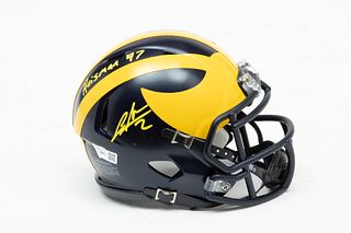 University Of Michigan, 1997 Heisman Trophy Winner Charles Woodson Autographed Miniature Football Helmet Display, H 8.75" W 8.5" Depth 6.5"