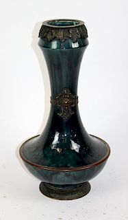 French glazed ceramic vase with figural mask