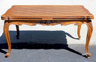 French Louis XV style oak drawleaf parquet table