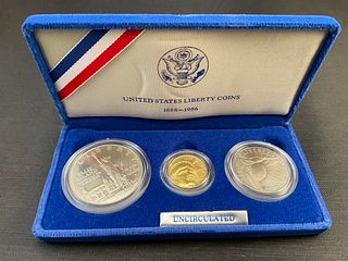 1986 100th Anniversary Statue of Liberty 3-Coin Set Half, Silver Dollar, Gold 5 Dollar 