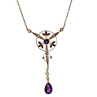 Victorian 18kt gold Pendant with micro pearls and Amethyst