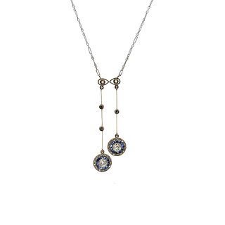 Art Deco Platinum & 18k Gold Pendant with Diamonds & Sapphires