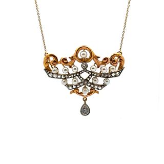 Art Nouveau 14/18k gold Pendant Necklace with Diamonds & Pearls