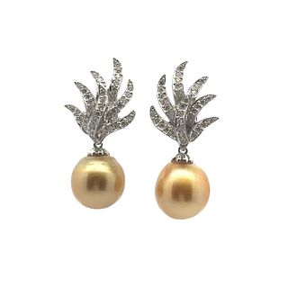 18kt Gold Earrings with Diamonds & Golden South Sea Pearls