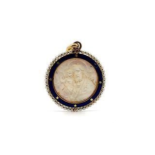 Antique Religious 18kt Gold Pendant with enamel and mother of pearl