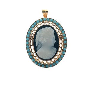 Victorian 14K Onyx & Turquoises Cameo Brooch / Pendant