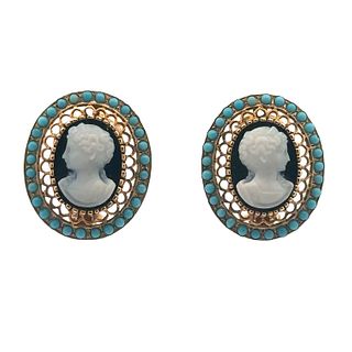Victorian 14K Onyx & Turquoises Cameo Clip Earrings