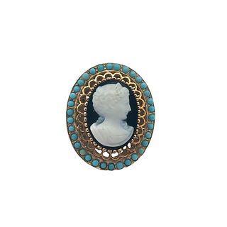 Victorian 14K Onyx & Turquoises Cameo Ring