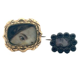 Antique Woman's Lover's Eye Portrait Miniature Brooches