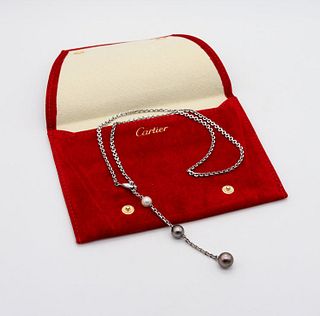 Cartier Paris Calin Lariat Necklace In 18Kt Gold With Diamond and Pearls