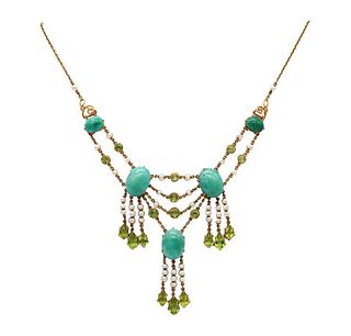 Victorian 1890 Necklace In 18Kt Gold With 51.04 Cts Peridots Turquoises And Pearls