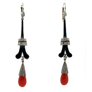 Platinum long Enameled Earrings with Diamonds and Coral