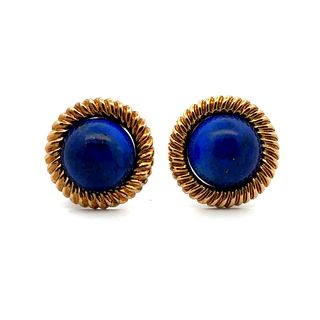 Retro 18k Gold Clip Earrings with Lapis Lazuli