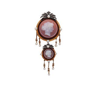 Austria 1870 Vienna Carved Agate Pendant Brooch In 18Kt Gold With Natural Pearls