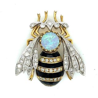 18K Yellow Gold Diamond & Opal Bee Brooch
