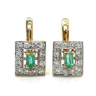 14K Yellow Gold Emerald & Diamond Earrings
