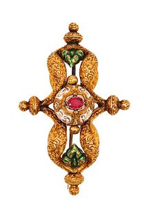 French 1850 Etruscan Revival Enamel Brooch In 18Kt Gold With Ruby