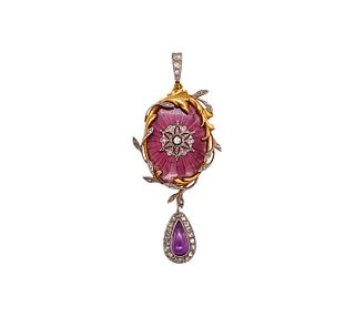 French 1790 Georgian Guilloche Enameled Pendant In 18Kt Gold With 4.26 Rose Cut Diamonds & Amethyst