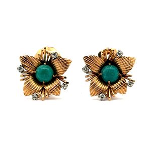 Retro Flower Clip Earrings in 18k Gold with Diamonds and Turquoises