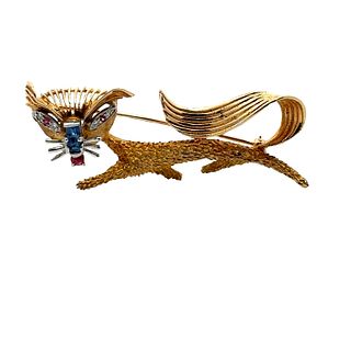 18kt Cat Brooch with sapphires, Rubies and Diamonds