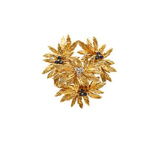 Tiffany Co. 1970 Modernist Brooch In 18Kt Gold With Sapphires & Diamonds